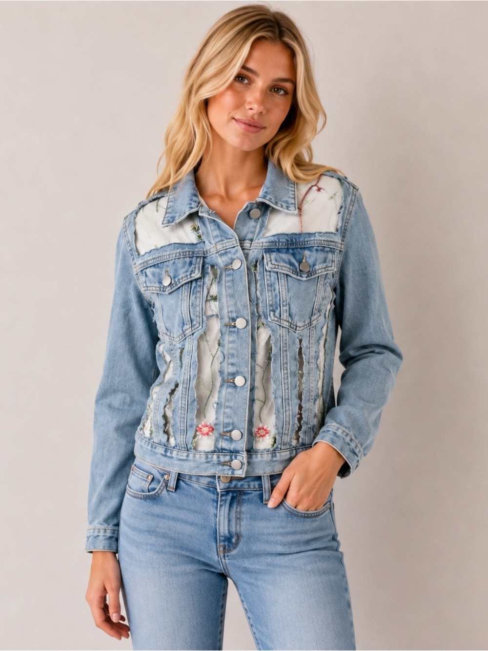 Davi & Dani Embroidery Mesh Jean Jacket Floral Light Wash Boho Womens Size S - Picture 2 of 14